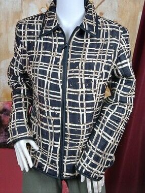 Carole Little Black Cream 100% Pure Silk Quilted Zip Jacket Size S